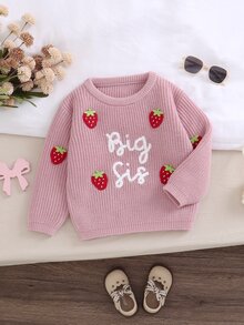 SHEIN 2Pcs Set Girls' Taro Pink Chunky Knit Crew Neck Sweater 3D Handmade Crochet Strawberry Decor And Big Sis Letter Embroidery Long Sleeve Pullover Loose - Pink - View 4