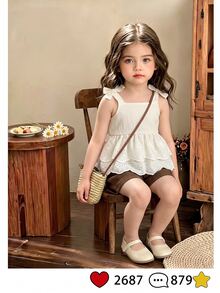 SHEIN 嬰兒女童刺繡鏤空荷葉邊上衣與短褲套裝 幼兒蝴蝶結肩帶層次感吊帶上衣 棕色短褲 夏季 2 件套穿搭 - 棕色 - 查看 11