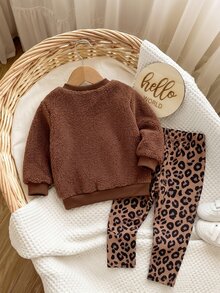 Infant Baby Girl 2Pcs Leopard Print Outfit, Teddy Fleece Sweatshirt & Stretchy Leggings Set - Apricot - View 4