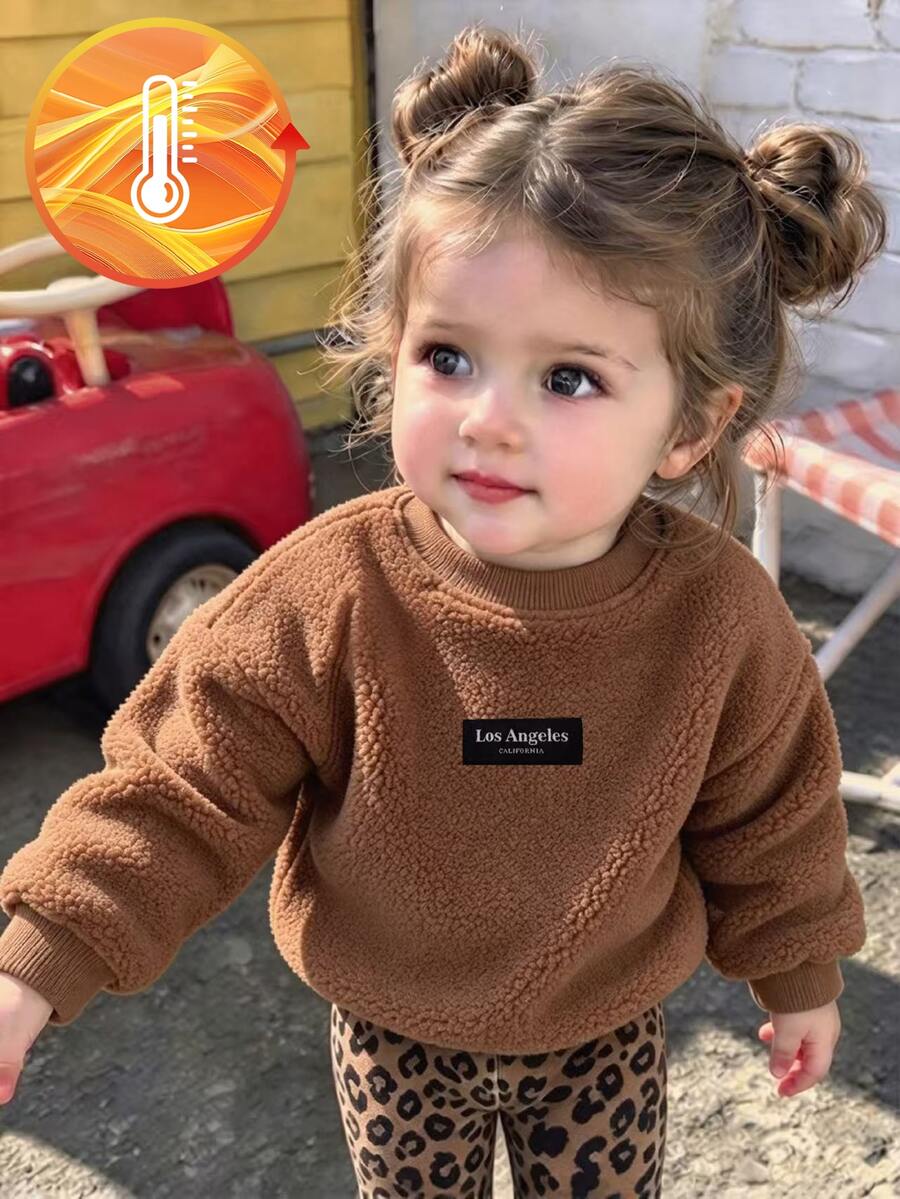 Infant Baby Girl 2Pcs Leopard Print Outfit, Teddy Fleece Sweatshirt & Stretchy Leggings Set - Apricot - View 1