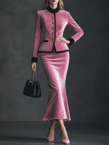 Everyssa 2026 Fall/Winter Elegant Vintage Pink Velvet-Look Contrast Trim Long Sleeve Button Detail, Wedding Guest Party Jacket & Mermaid Maxi Skirt 2 Pieces Set - Baby Pink - View 4