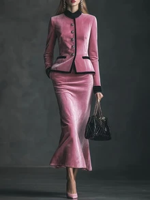 Everyssa 2026 Fall/Winter Elegant Vintage Pink Velvet-Look Contrast Trim Long Sleeve Button Detail, Wedding Guest Party Jacket & Mermaid Maxi Skirt 2 Pieces Set - Baby Pink - View 2