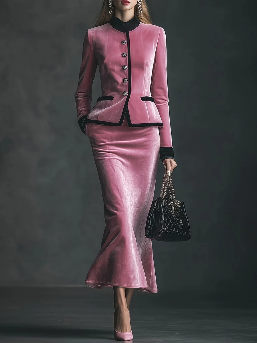 Everyssa 2026 Fall/Winter Elegant Vintage Pink Velvet-Look Contrast Trim Long Sleeve Button Detail, Wedding Guest Party Jacket & Mermaid Maxi Skirt 2 Pieces Set