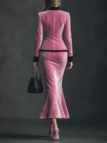 Everyssa 2026 Fall/Winter Elegant Vintage Pink Velvet-Look Contrast Trim Long Sleeve Button Detail, Wedding Guest Party Jacket & Mermaid Maxi Skirt 2 Pieces Set - Baby Pink - View 3