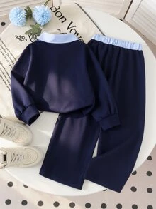 SHEIN 女童 2 件套：假領長袖字母印花運動衫 + 蝴蝶結寬腿褲，柔軟休閒運動套裝，圖案上衣搭配寬鬆長褲，時尚日常上學穿著，適合春秋季 - 藍色 - 查看 2