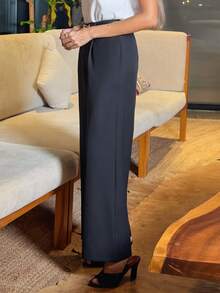 Alya Khalil Pantalones rectos amplios con bolsillos de mujer de moda para uso diario - Negro - Ver 4