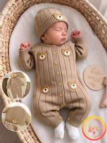 SHEIN Baby Boy Bear Patchwork Vertical Textured Knit Sweater Romper, Front Button Knit Jumpsuit, Newborn Autumn/Winter Outwear Suitable For Daily Wear, Family Gatherings, Travel And Vacation - Khaki - View 1
