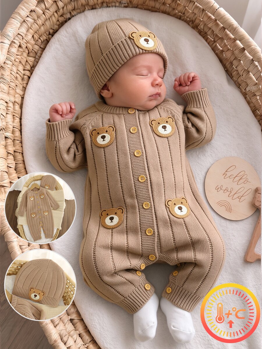 SHEIN Baby Boy Bear Patchwork Vertical Textured Knit Sweater Romper, Front Button Knit Jumpsuit, Newborn Autumn/Winter Outwear Suitable For Daily Wear, Family Gatherings, Travel And Vacation - Khaki - View 1