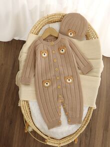 SHEIN Baby Boy Bear Patchwork Vertical Textured Knit Sweater Romper, Front Button Knit Jumpsuit, Newborn Autumn/Winter Outwear Suitable For Daily Wear, Family Gatherings, Travel And Vacation - Khaki - View 4