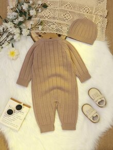 SHEIN Baby Boy Bear Patchwork Vertical Textured Knit Sweater Romper, Front Button Knit Jumpsuit, Newborn Autumn/Winter Outwear Suitable For Daily Wear, Family Gatherings, Travel And Vacation - Khaki - View 2
