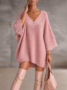 Omancia Women's Autumn/Winter V-Neck Lace Patchwork Loose Knit Sweater Top - Pink - View 3