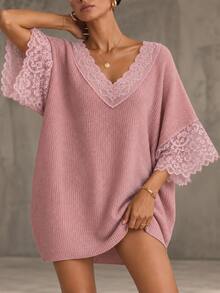 Omancia Women's Autumn/Winter V-Neck Lace Patchwork Loose Knit Sweater Top - Pink - View 6