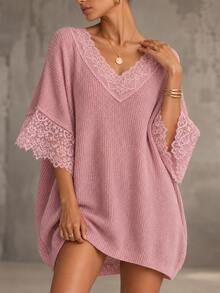 Omancia Women's Autumn/Winter V-Neck Lace Patchwork Loose Knit Sweater Top - Pink - View 7