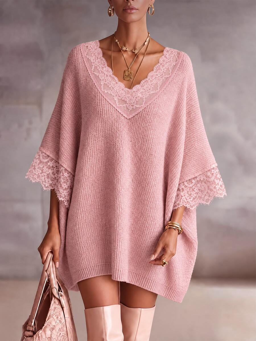 Omancia Women's Autumn/Winter V-Neck Lace Patchwork Loose Knit Sweater Top - Pink - View 1