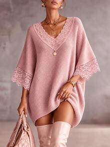 Omancia Women's Autumn/Winter V-Neck Lace Patchwork Loose Knit Sweater Top - Pink - View 4