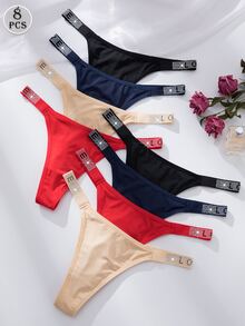 Wedaily 8pcs/Set Luxury Rhinestone Decorated Women's Panties, Comfortable & Romantic Thong - Multicolor - View 4