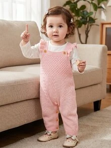 SHEIN 1pc Spring/Autumn Light Pink Baby Girl Ruffle Shoulder Strap Knitted Overalls, Infant Toddler Cable Knit Open Crotch Button Romper, Sweet Sleeveless Woolen Bodysuit - Pink - View 4
