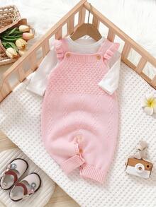 SHEIN 1pc Spring/Autumn Light Pink Baby Girl Ruffle Shoulder Strap Knitted Overalls, Infant Toddler Cable Knit Open Crotch Button Romper, Sweet Sleeveless Woolen Bodysuit - Pink - View 8