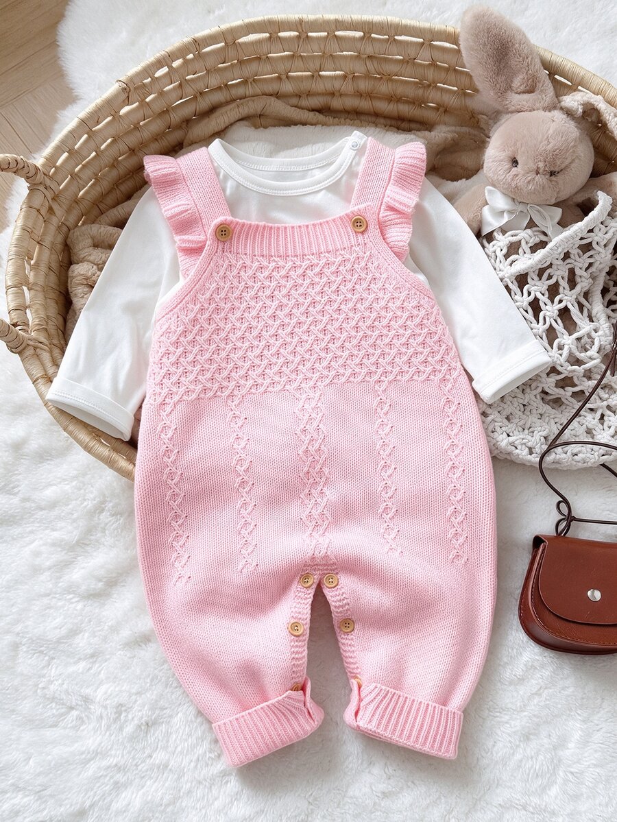 SHEIN 1pc Spring/Autumn Light Pink Baby Girl Ruffle Shoulder Strap Knitted Overalls, Infant Toddler Cable Knit Open Crotch Button Romper, Sweet Sleeveless Woolen Bodysuit - Pink - View 1