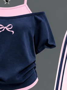 Tween Girls 2 Pcs Bow Print Cold Shoulder T-Shirt & Striped Wide Leg Pants, Navy Pink Outfit, Fall Sets Outfit - Multicolor - View 5