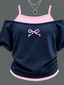 Tween Girls 2 Pcs Bow Print Cold Shoulder T-Shirt & Striped Wide Leg Pants, Navy Pink Outfit, Fall Sets Outfit - Multicolor - View 3