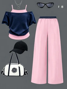 Tween Girls 2 Pcs Bow Print Cold Shoulder T-Shirt & Striped Wide Leg Pants, Navy Pink Outfit, Fall Sets Outfit - Multicolor - View 2