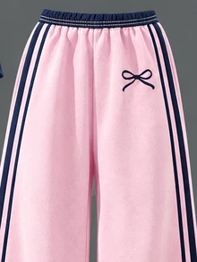 Tween Girls 2 Pcs Bow Print Cold Shoulder T-Shirt & Striped Wide Leg Pants, Navy Pink Outfit, Fall Sets Outfit - Multicolor - View 4
