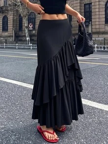 Tideelle Black High Waist Asymmetrical Ruffle Mermaid Skirt Women Elegant Layered Flared Long A-Line Skirt Commute Slimming - Black - View 5