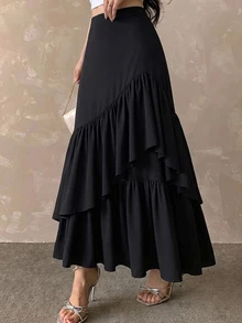 Tideelle Black High Waist Asymmetrical Ruffle Mermaid Skirt Women Elegant Layered Flared Long A-Line Skirt Commute Slimming - Black - View 1