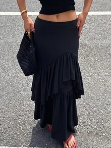 Tideelle Black High Waist Asymmetrical Ruffle Mermaid Skirt Women Elegant Layered Flared Long A-Line Skirt Commute Slimming - Black - View 4