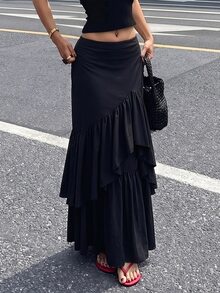 Tideelle Black High Waist Asymmetrical Ruffle Mermaid Skirt Women Elegant Layered Flared Long A-Line Skirt Commute Slimming - Black - View 6