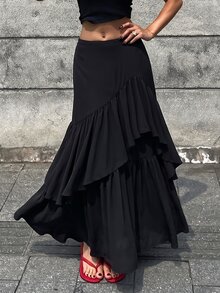 Tideelle Black High Waist Asymmetrical Ruffle Mermaid Skirt Women Elegant Layered Flared Long A-Line Skirt Commute Slimming - Black - View 3