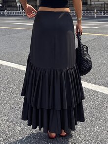 Tideelle Black High Waist Asymmetrical Ruffle Mermaid Skirt Women Elegant Layered Flared Long A-Line Skirt Commute Slimming - Black - View 2