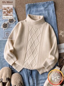 SHEIN Genkimix Kids 1件女童套頭毛衣，高領搭配菱格紋理圖案，純色，簡約百搭，寬鬆版型，柔美風格，適中厚度，整齊下擺，柔軟舒適，適合日常休閒穿著、外出、購物，秋冬季 - 米色 - 查看 1