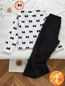 Teen Girls White Base Black Bow Fuzzy Top & Black Fuzzy Straight Pants 2 Pieces Set Fall Winter Cozy Warm Loungewear - Black and White - View 2