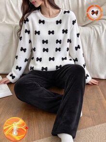 Teen Girls White Base Black Bow Fuzzy Top & Black Fuzzy Straight Pants 2 Pieces Set Fall Winter Cozy Warm Loungewear - Black and White - View 4