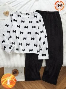 Teen Girls White Base Black Bow Fuzzy Top & Black Fuzzy Straight Pants 2 Pieces Set Fall Winter Cozy Warm Loungewear - Black and White - View 1