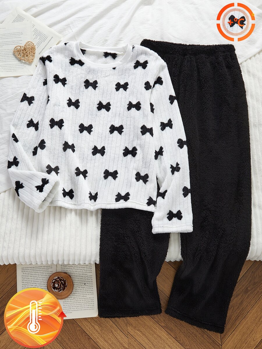 Teen Girls White Base Black Bow Fuzzy Top & Black Fuzzy Straight Pants 2 Pieces Set Fall Winter Cozy Warm Loungewear - Black and White - View 1