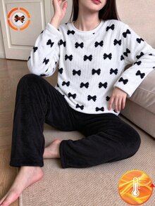 Teen Girls White Base Black Bow Fuzzy Top & Black Fuzzy Straight Pants 2 Pieces Set Fall Winter Cozy Warm Loungewear - Black and White - View 3