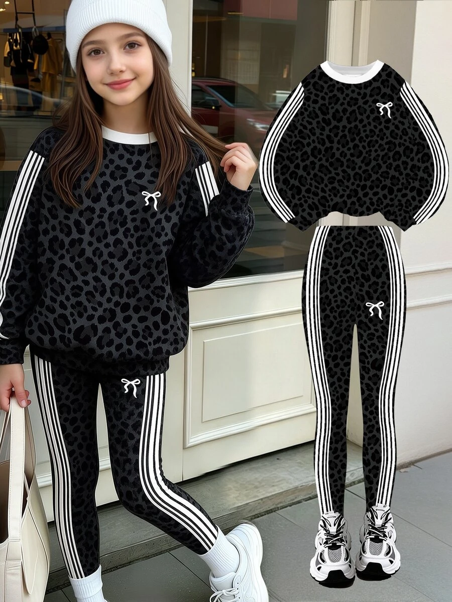 Girls' Fashion White Bow & Charcoal Leopard Print Patchwork Crew Neck Sweatshirt And Leggings Set, Autumn/Winter 2026 - Multicolor - View 1
