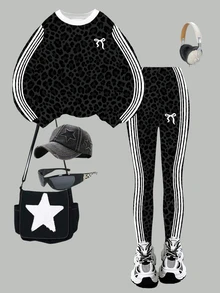 Girls' Fashion White Bow & Charcoal Leopard Print Patchwork Crew Neck Sweatshirt And Leggings Set, Autumn/Winter 2026 - Multicolor - View 3