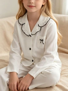 舒適可愛女款居家休閒兩件套，長袖翻領開襟外套搭配長褲 - 白色 - 查看 3