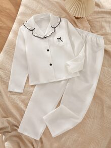 舒適可愛女款居家休閒兩件套，長袖翻領開襟外套搭配長褲 - 白色 - 查看 6