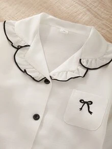 舒適可愛女款居家休閒兩件套，長袖翻領開襟外套搭配長褲 - 白色 - 查看 7