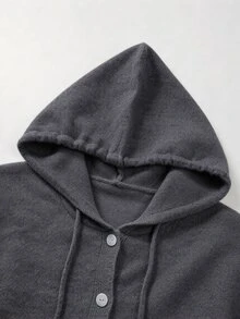SHEIN 女款抽繩連帽針織開襟外套，秋季鈕扣前襟休閒毛衣 - 深灰色 - 查看 5