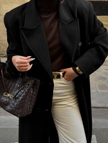 SHEIN LUNE CURVE Abrigo de diseño de alta calidad para mujer de talla grande, chaqueta larga para otoño/invierno - Negro - Ver 3