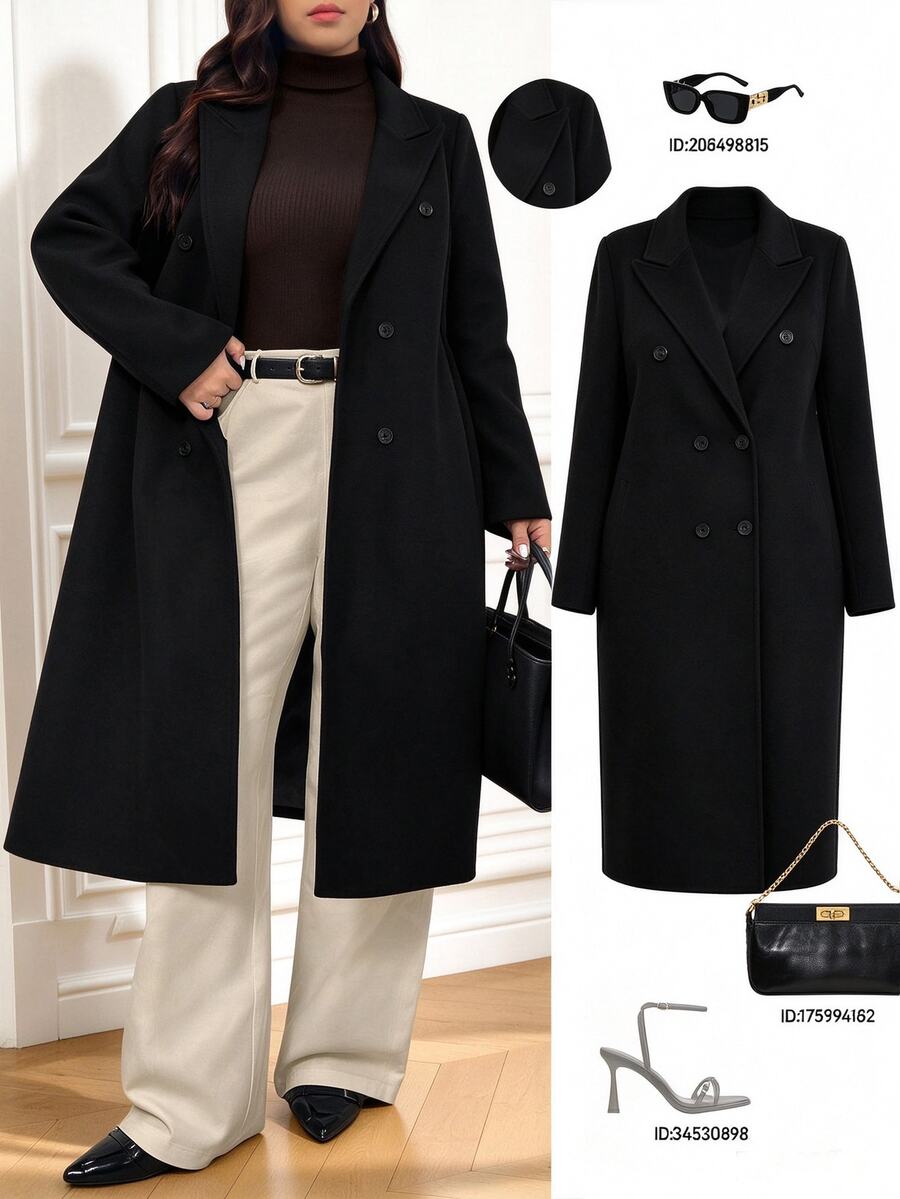 SHEIN LUNE CURVE Abrigo de diseño de alta calidad para mujer de talla grande, chaqueta larga para otoño/invierno - Negro - Ver 1
