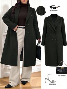 SHEIN LUNE CURVE Plus Size Women's Autumn/Winter New Design High-Quality Wool Blend Long Coat - Army Green - View 1