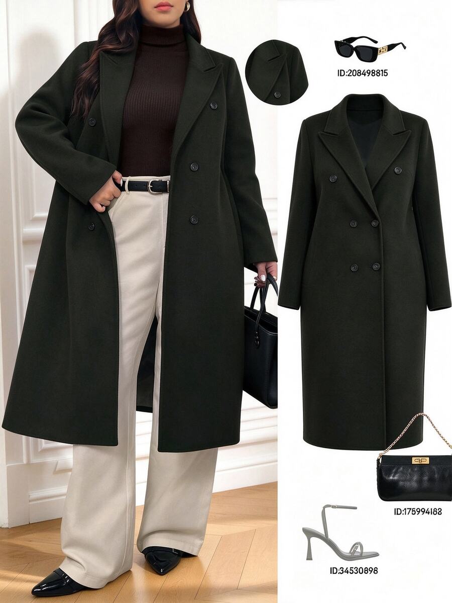 SHEIN LUNE CURVE Plus Size Women's Autumn/Winter New Design High-Quality Wool Blend Long Coat - Army Green - View 1