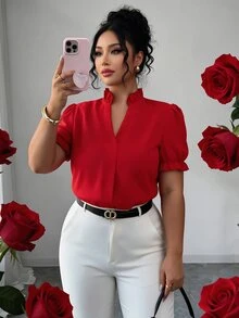 Elenzga Plus Size Elegant Solid Color Turndown Collar Blouse For Commuting - Red - View 4
